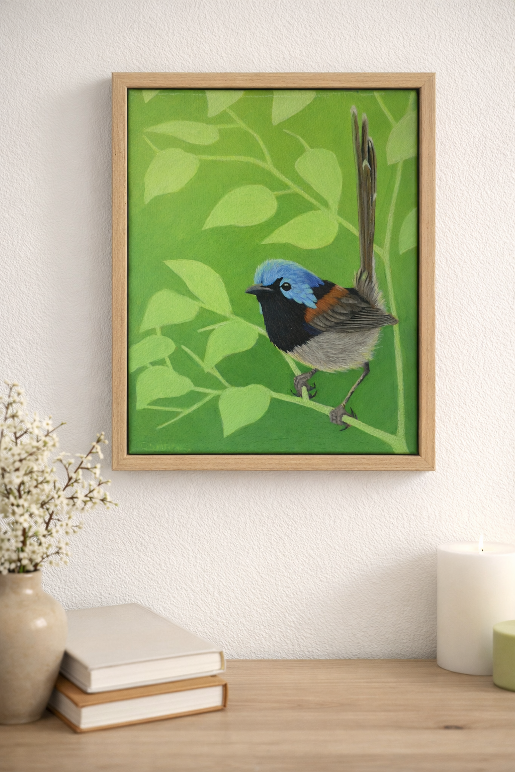 Variegated Fairywren acrylic painting on a wall