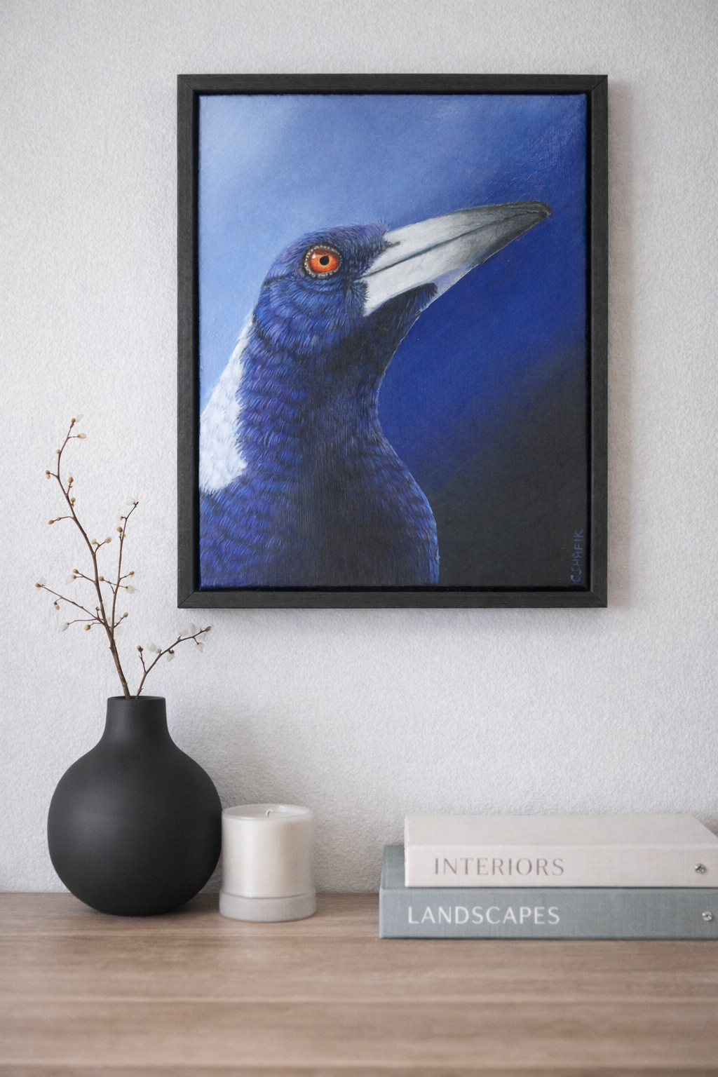 Magpie acrylic painting on wall